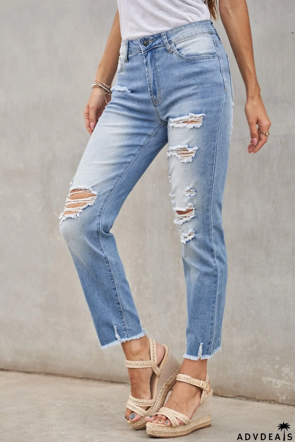 Fashion Light Blue Distressed Boyfriend Denim Pants
