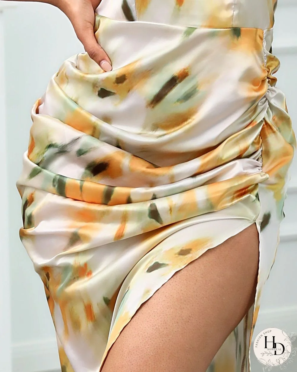 Abstract Print Spaghetti Strap High Slit Ruched Dress P10027