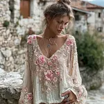 Women's Pink Flower Embroidery Art V Neck Long Sleeve T-shirt - Image 2