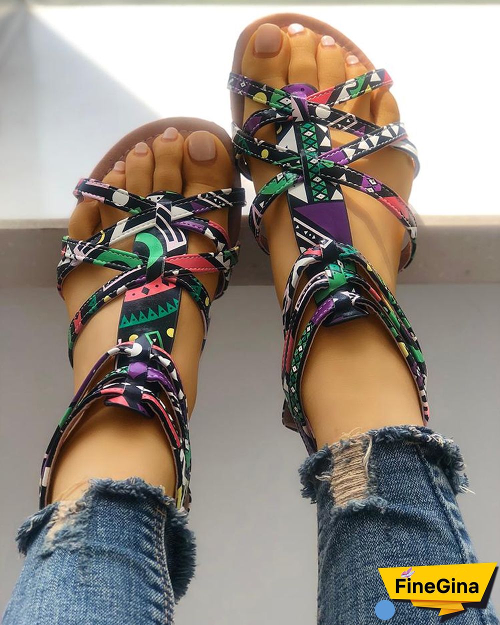 Graffiti Print Strappy Bandage Flat Sandals