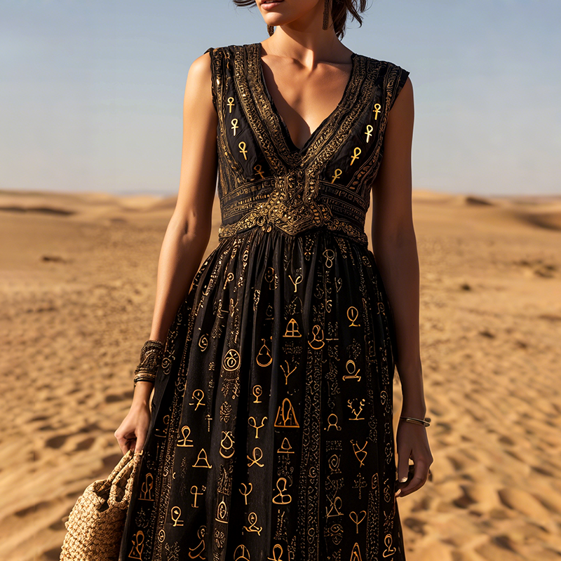 Women's Vintage Egyptian Symbol Ankh Pattern Casual Long Dress