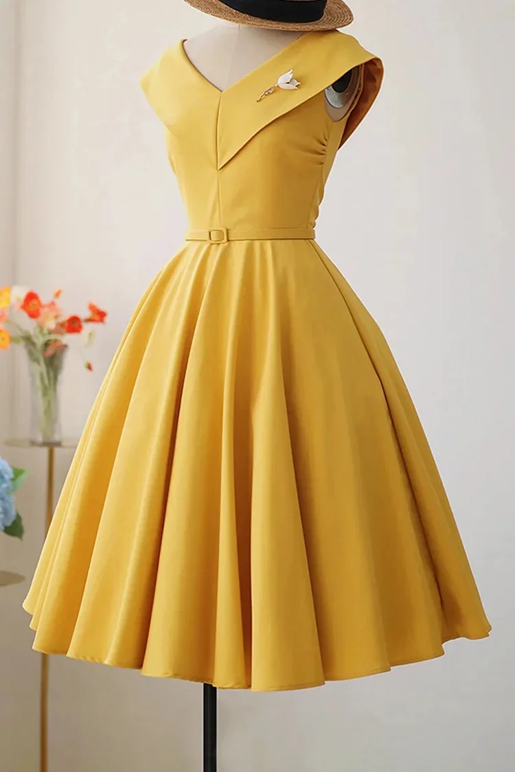 1950s Yellow Party Solid V Neck Fitted Bodice Flare Swing Midi Dress (With Belt) [Pre-Order]