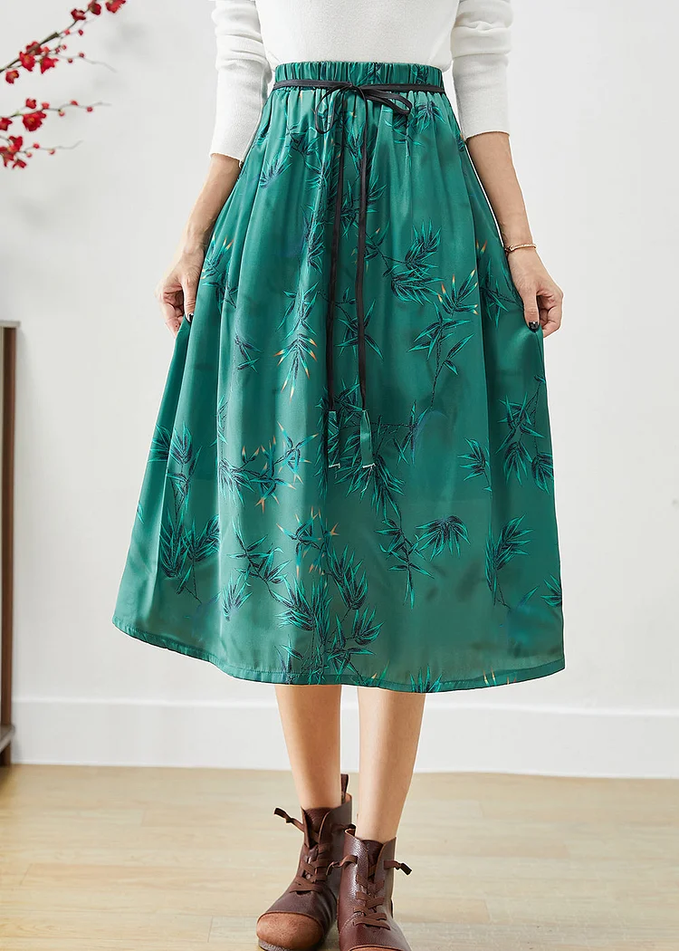 Beautiful Green Embroideried Bow Silk A Line Skirt Fall
