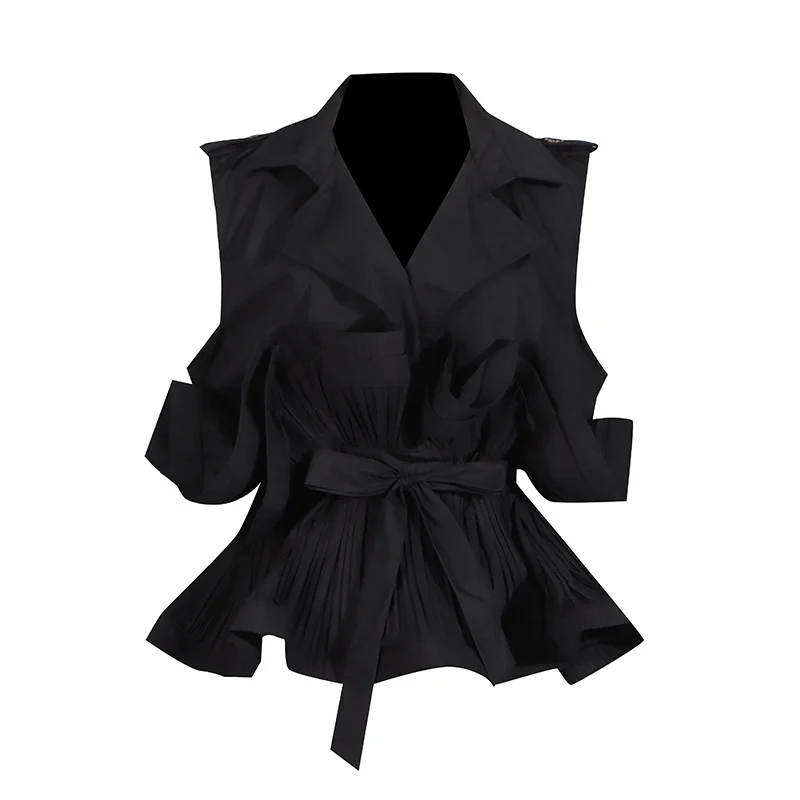 Toloer Toloer Temperament Commuter Wind Shirt 2024 Autumn New Design Sense Sleeveless Vest Flounce Lace Shirt Female-Outfit Ideas