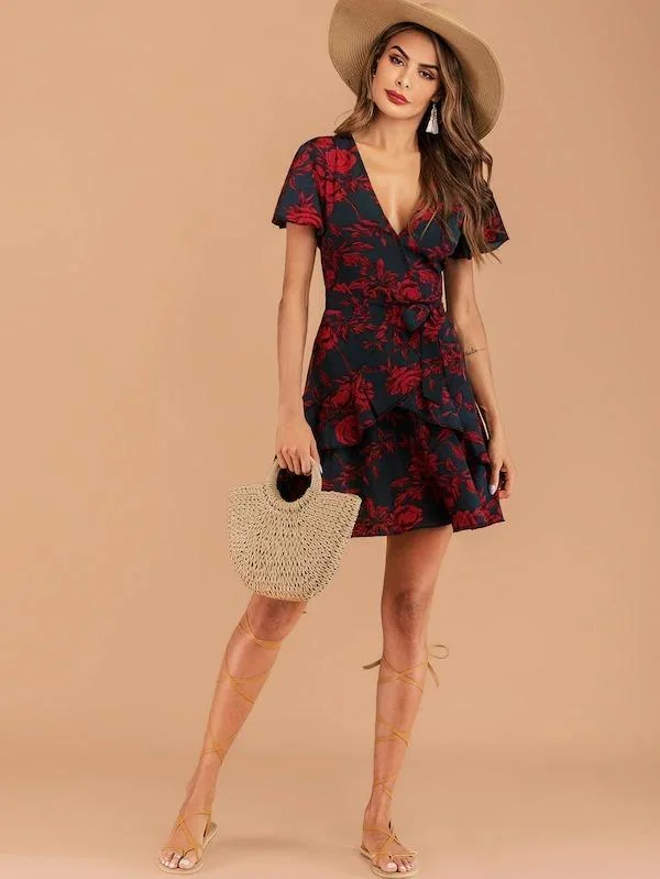 Floral Print Ruffle Hem Belted Dress