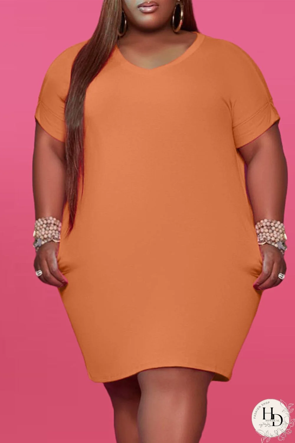 Red Fashion Casual Plus Size Solid Basic V Neck Short Sleeve Dress