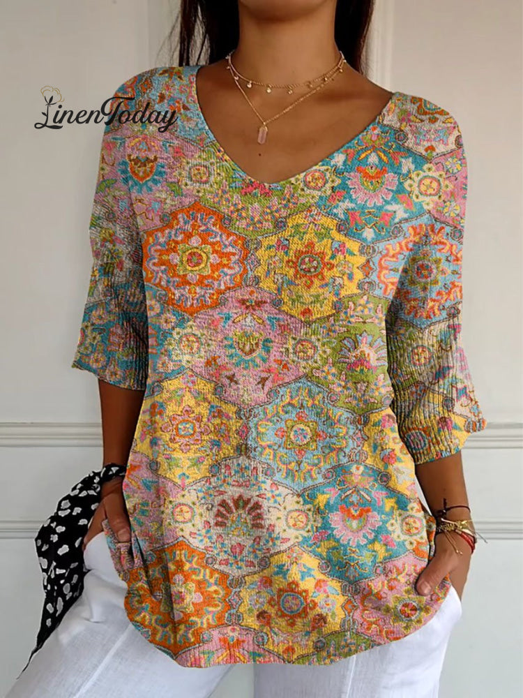 Women’s Vintage Ethnic Floral Art Print Casual Pullover Knit Multicolor / S