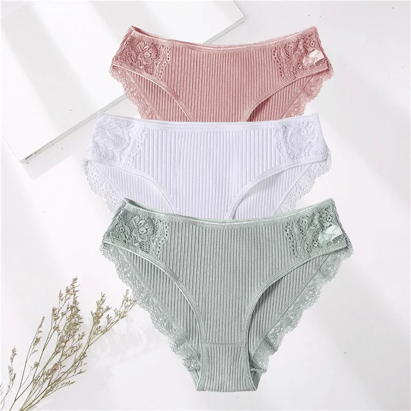 FINETOO 3PCS/Set M-XXL Cotton Underwear Women's Panties Comfort Underpants Floral Lace Briefs For Woman Sexy Low-Rise Intimates