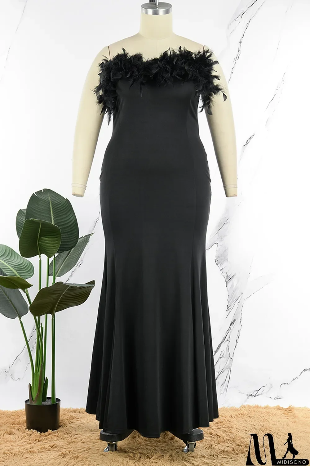 MidiSono - Green Sexy Solid Patchwork Feathers Strapless Evening Dress Plus Size Dresses