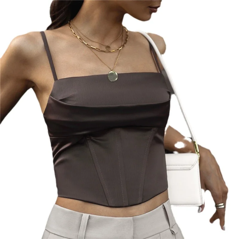 Churchf Churchf Women's Wear 2024 Fashion Hot Girl Satin Fishbone Band Navel Sling Bottom Vest Female Hot Style