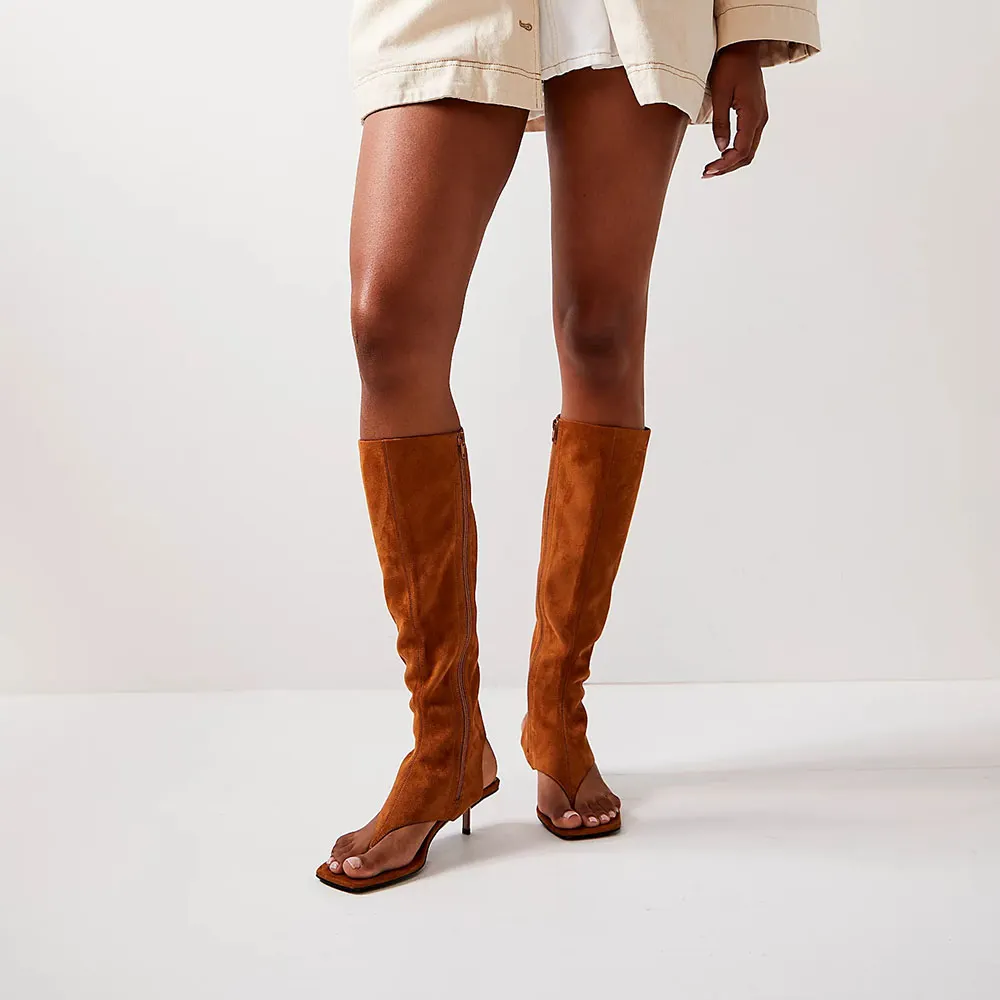 Brown Vegan Suede Thong Knee High Boots with Kitten Heels