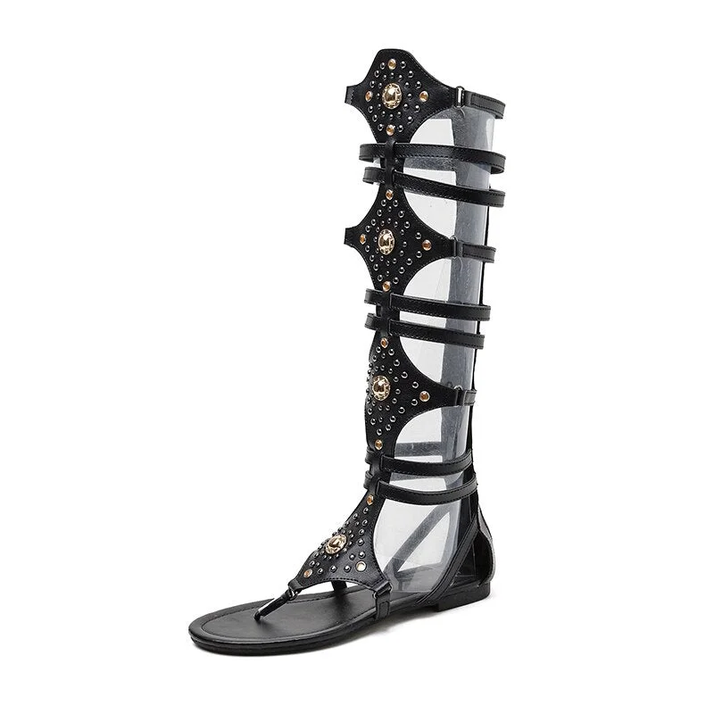 Gdgydh 2021 New Sexy Rhinestone Gladiator Knee Sandals Flats Back Zipper Black Silver Rome Knee High Sandals Women Wholesale