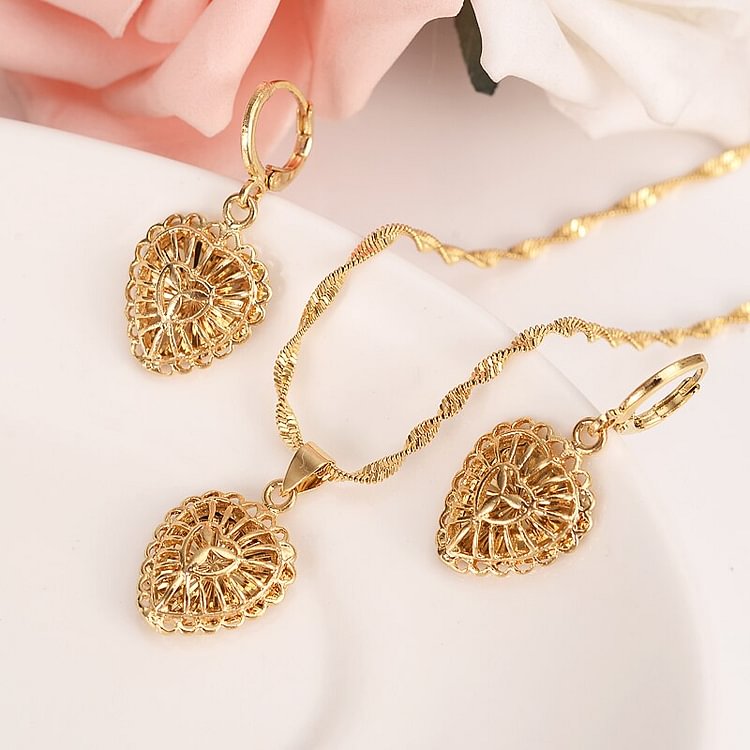 gold Necklace Earring Set Women Party Gift Dubai love heart  crownJewelry Sets