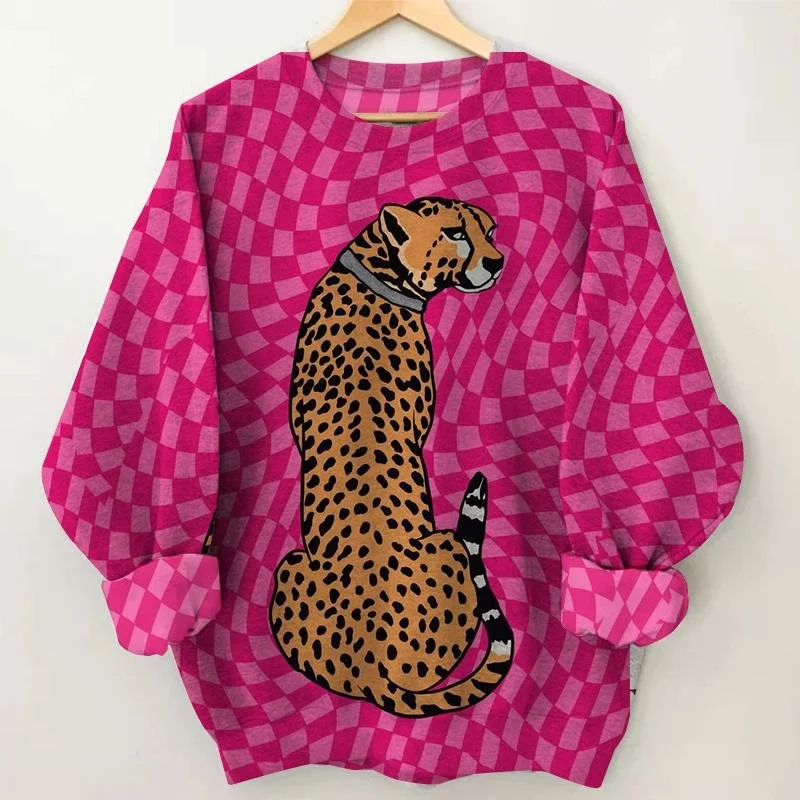 Plaid Cheetah Print Long Sleeve Round Neck Sweatshirt