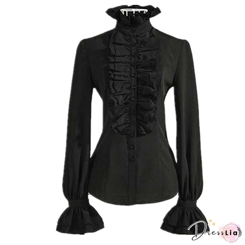 Ruffle Decorate Long Sleeve Button Work Elegant Blouse