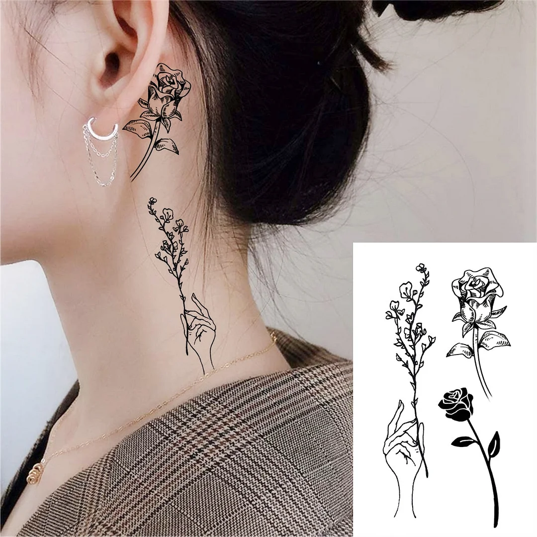 Black Little Flower Fashion Finger Temporary Tattoos For Women Adult Leaves Daisy Rose Fake Tattoo Letter Body Art Tatoos Decal