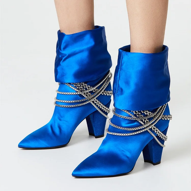 Royal Blue Satin Chain Ankle Booties Chunky Heel Pointy Toe Boots Vdcoo