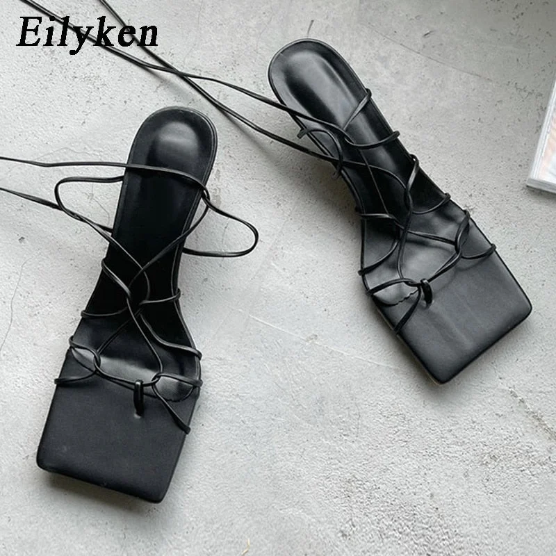Eilyken Fashion Women Sandals Thin Low Heel Lace Up Rome Sandal Summer Gladiator Casual Sandal Narrow Band Shoes Big Size 40