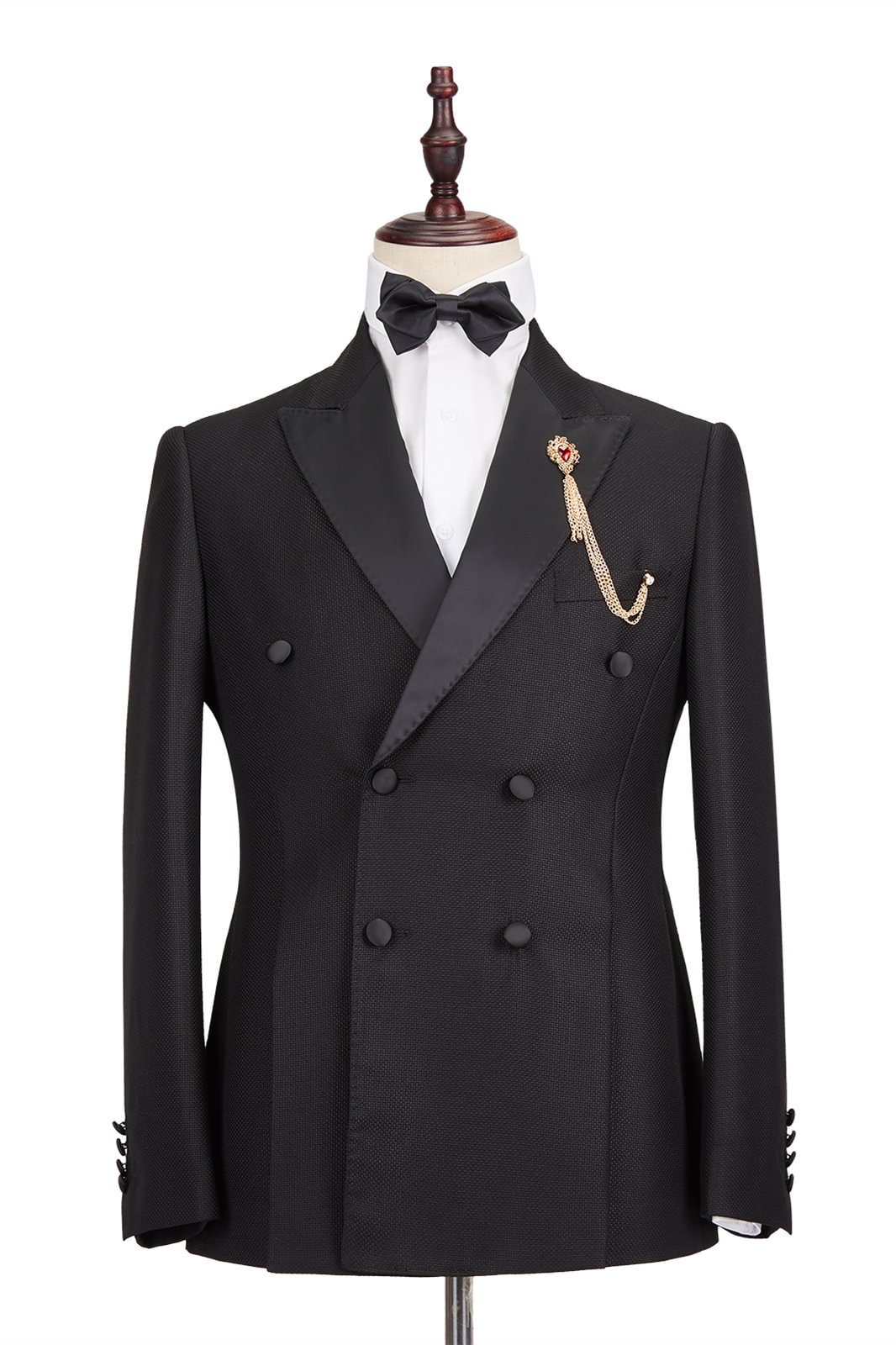 Double Breasted Black Gentle Satin Peak Lapel Men's Wedding Suit Groom Tuxedos | Ballbellas Ballbellas