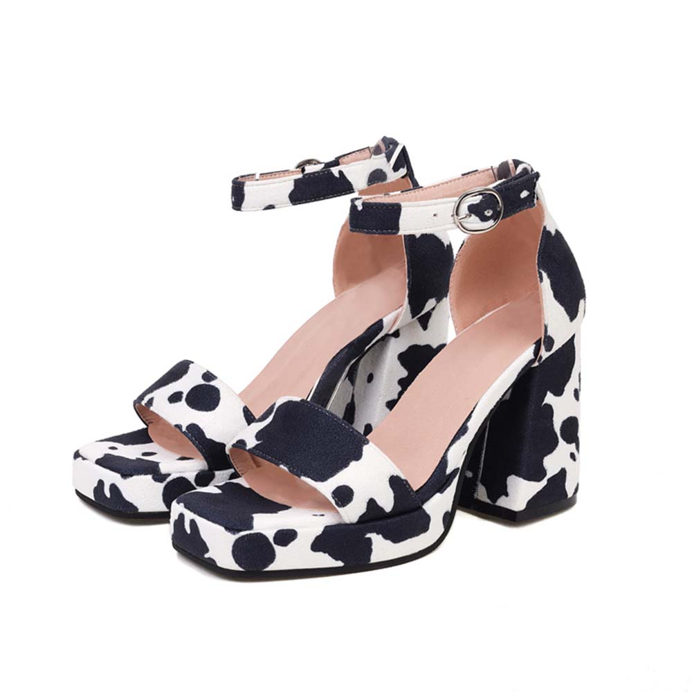 Black & White Suede Open Toe  Chunky Heel Milk Cow Skin Sandals Nicepairs