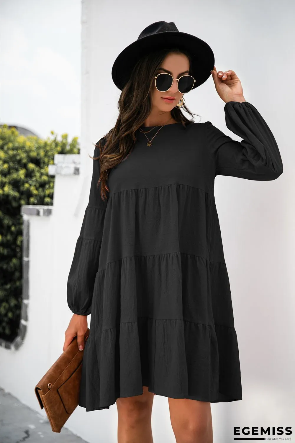 Cotton Round Neck Lantern Sleeve Dress | EGEMISS