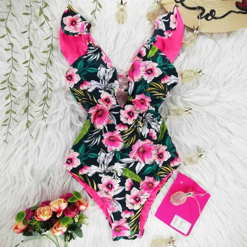 2022 New Sexy Ruffle Print Floral One Piece Strappy Slimming Swimwear Women Swimsuit Deep-V Bathing Suit Beach Wear Monkini