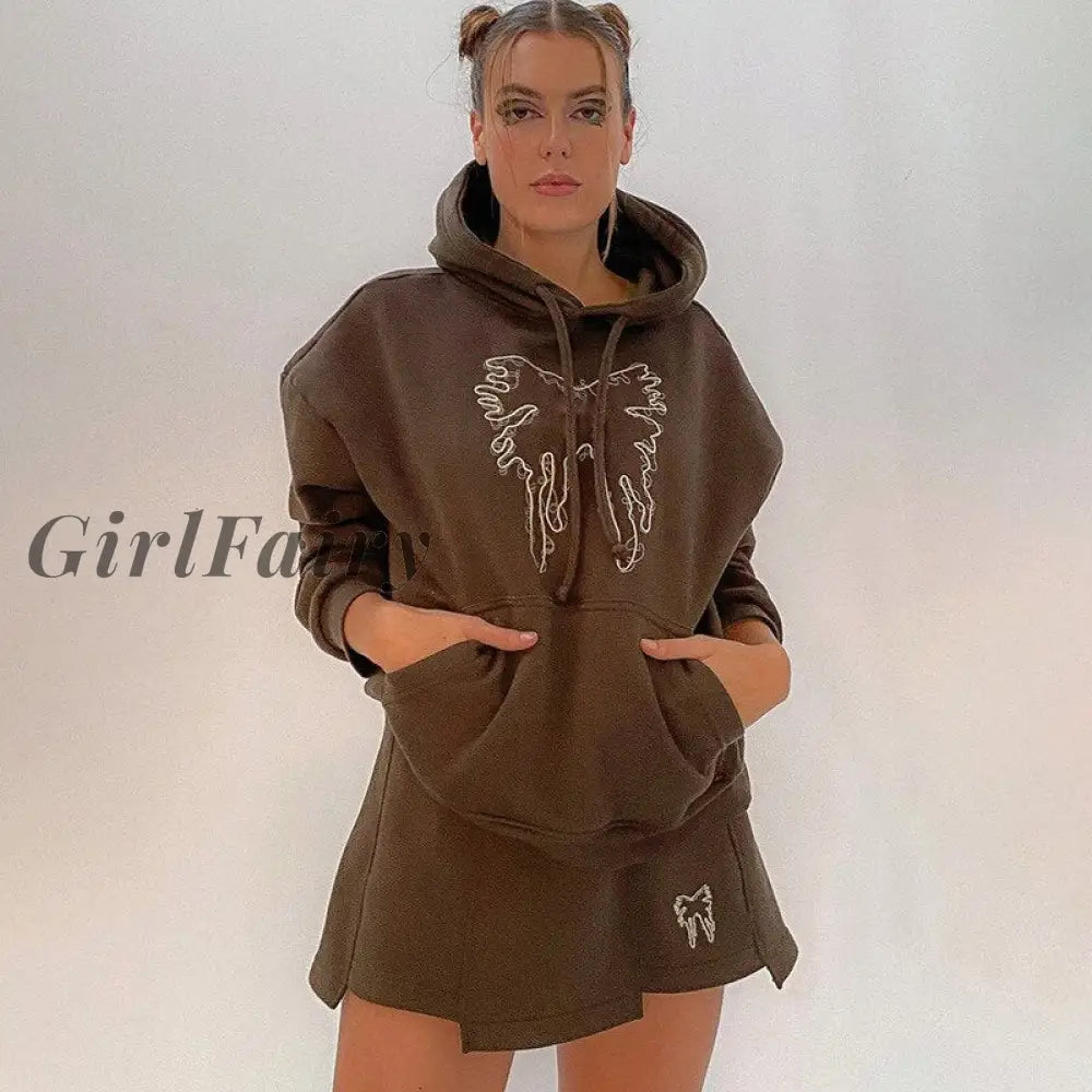 Womens Casual Hoodies Skirt Suit 2Pcs Outfits Long Sleeve Butterfly Embroidery Hoodie + Mini Skirt
