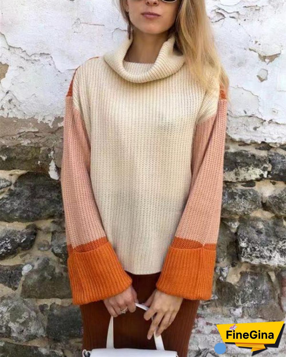 Three-color color matching turtleneck knitted sweater women