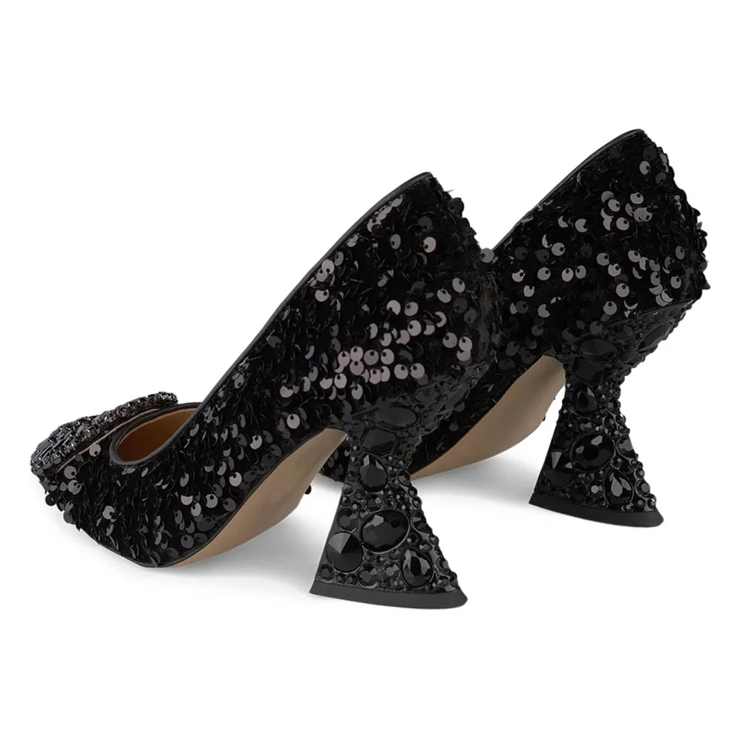 Black Sparkling Sequined Pointed Toe Rhinestone Embellished Pumps