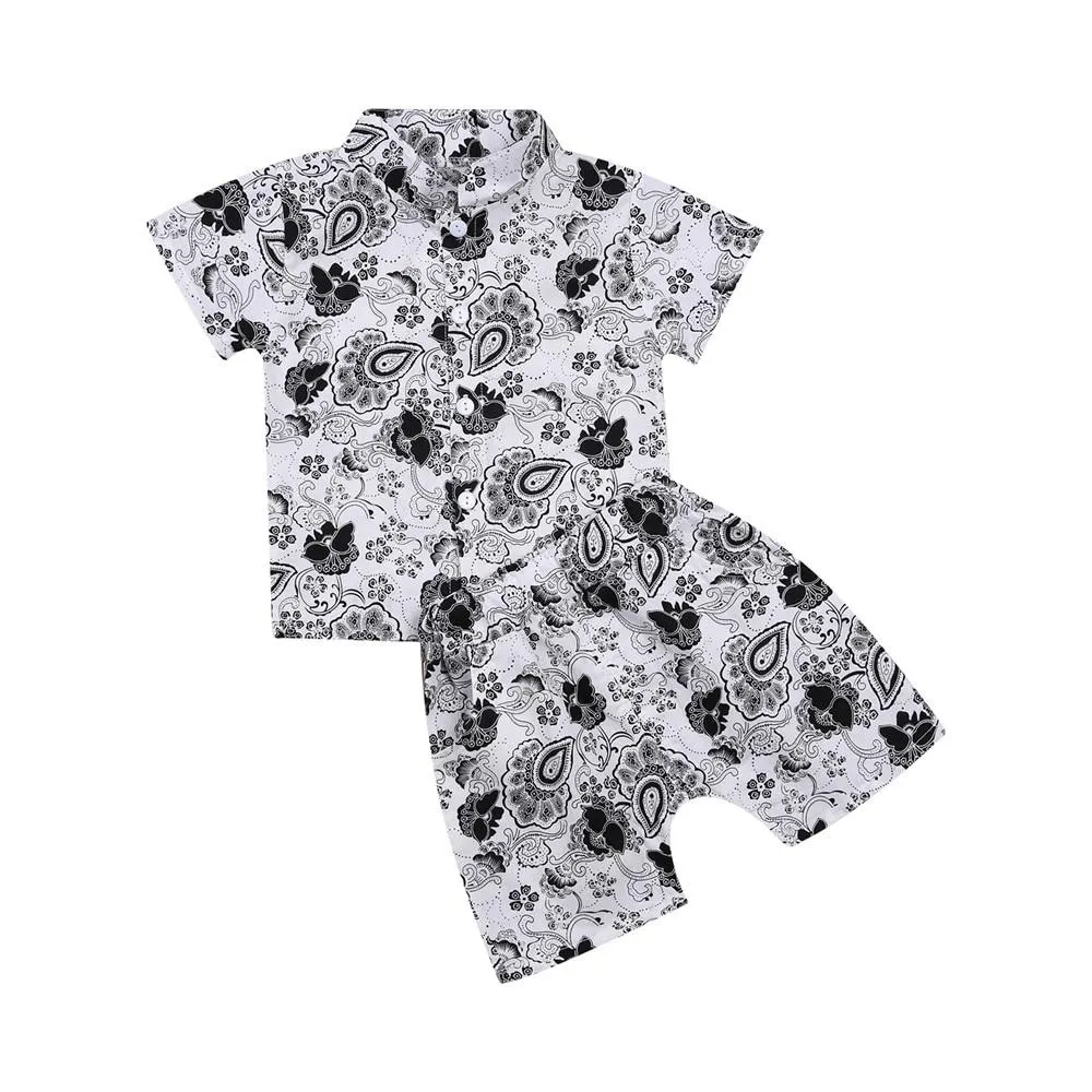Infant Kids Boy Two Piece Set, Children's Lapel Short Sleeve Printed Shirt Elastic Waistband Shorts for Baby Summer
