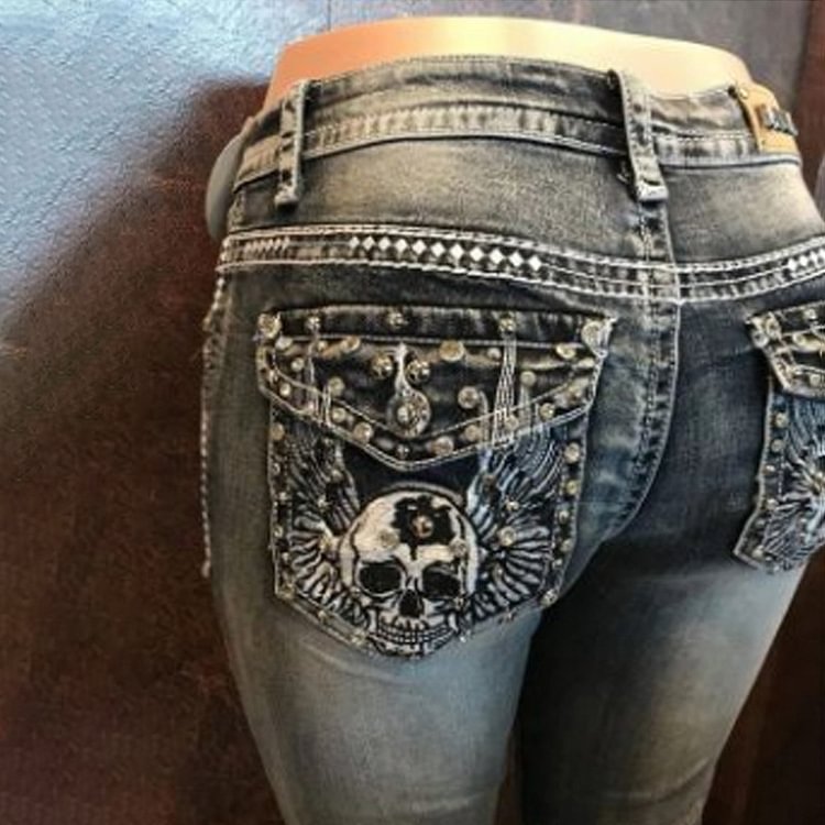Comstylish Vintage Embroidered Skull Beaded Jeans