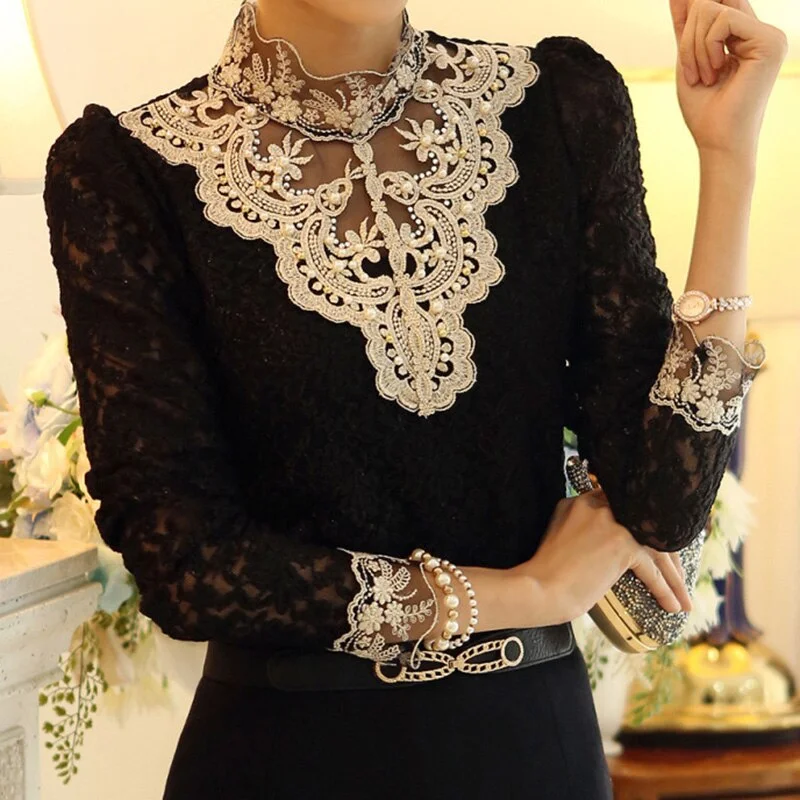 CUHAKCI  White BlousesWomen Sexy Shirt Lace Blouse Autumn Spring Long Sleeve Tops Casual Elegant Female Black XXXL