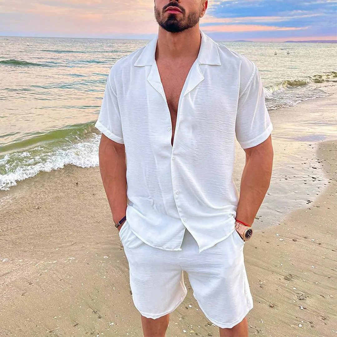 Men's Summer Polo Collar Cotton Linen Set Solid Short Sleeve Shirt and Shorts Pant 2Piece Beach Style Set
