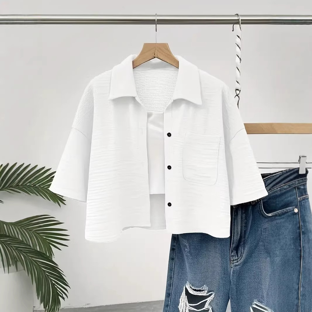 Women's Textured Short Sleeve Cropped Shirt | 168DEAL
