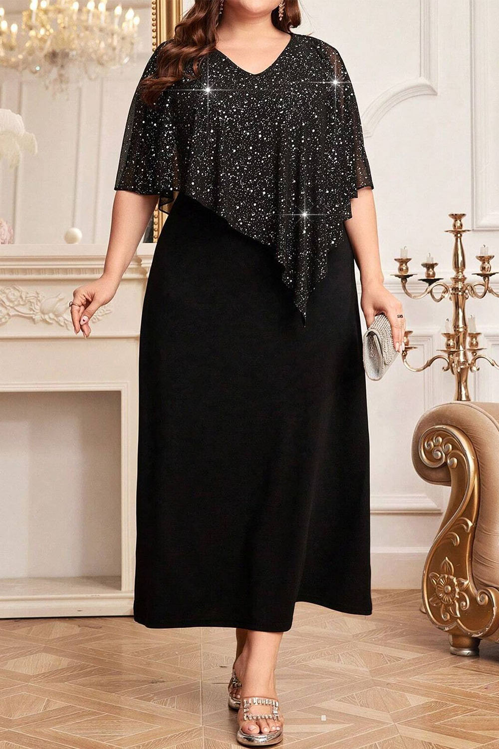 Plus Size Mother Of The Bride Black Mesh Silver Foil Asymmetrical Cape Sleeve Maxi Dress 2024 - Flycurvy 
