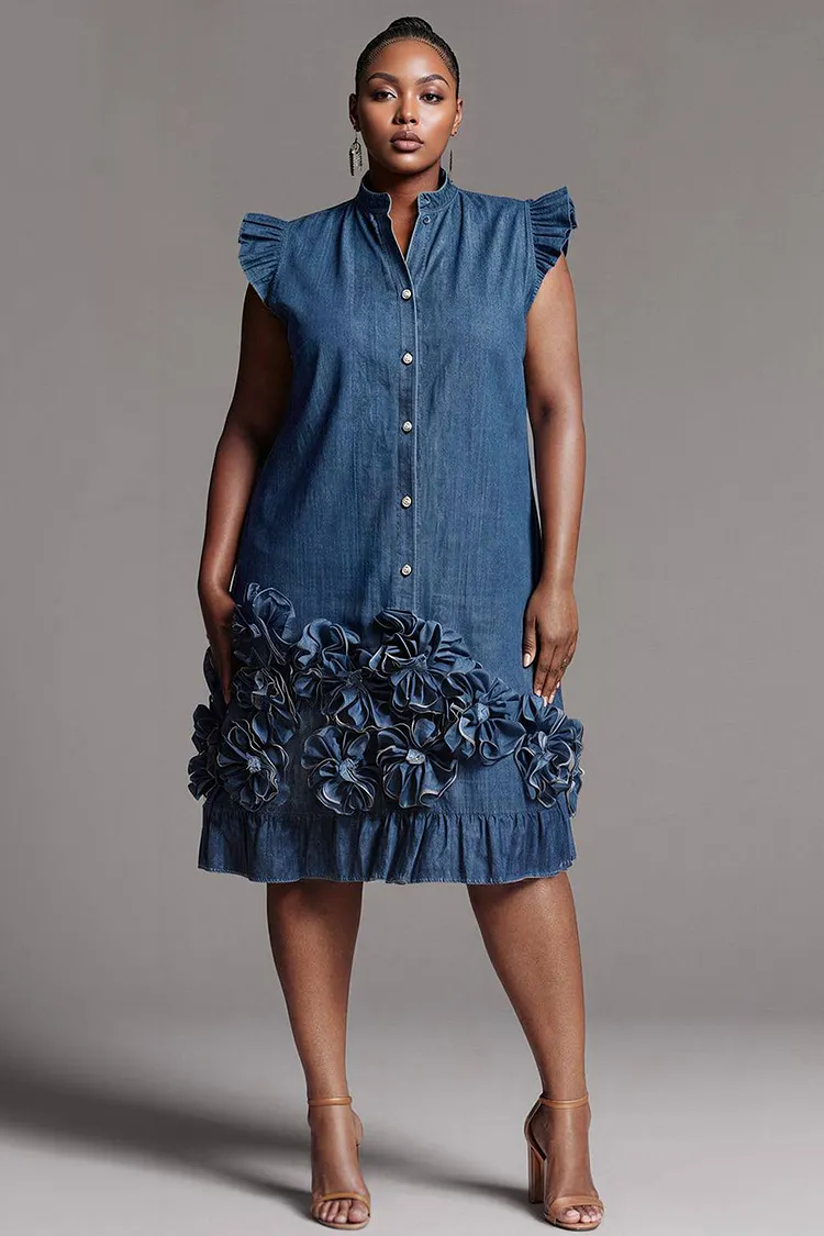 Xpluswear Design Plus Size Business Casual Blue Mock Neck Flutter Sleeve 3D Pocket Denim Mini Dresses [Pre-Order] 2024 - Xpluswear