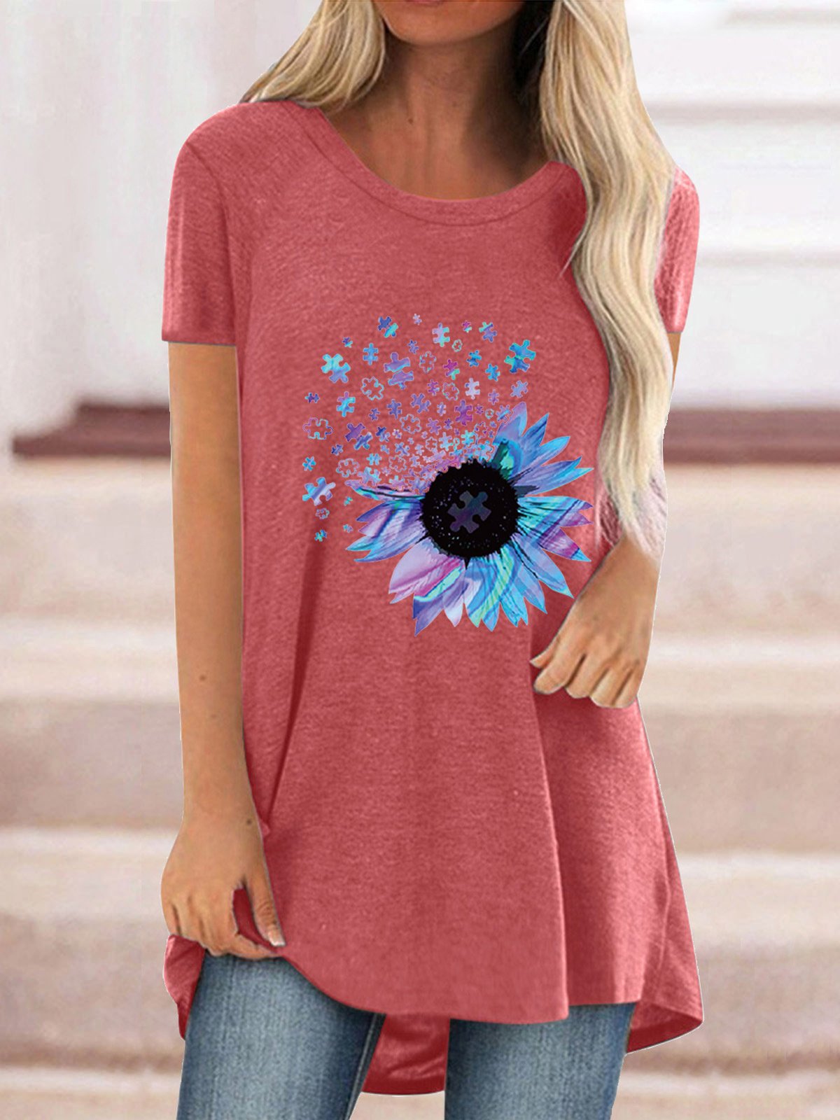 Women Half Sleeve V-neck Solid Color Dress