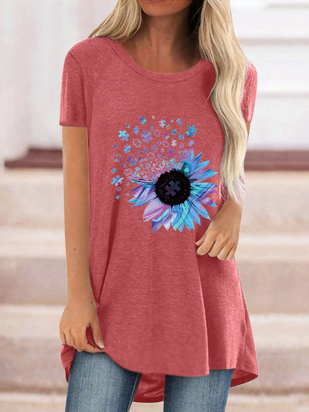 Women Half Sleeve V-neck Solid Color Dress