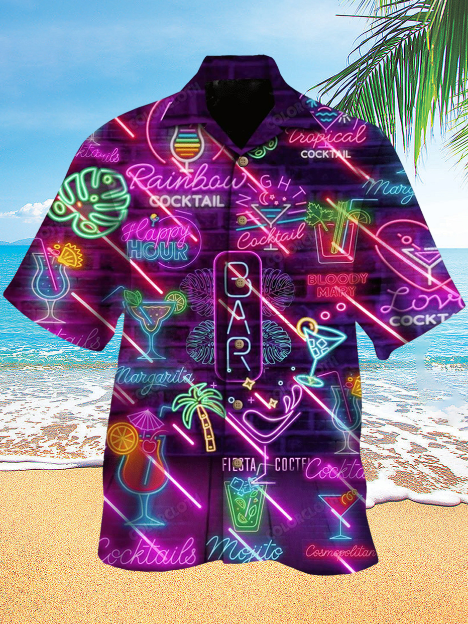 Neon Cocktail Happy Hawaii Men's Short Sleeve Cuban Collar Shirt PLUSCLOTHESMAN