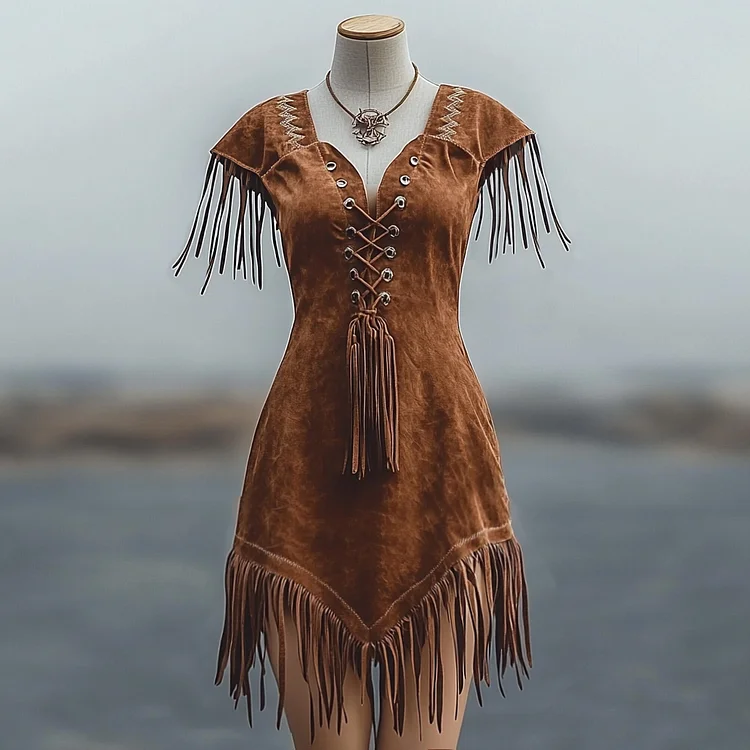 Ursime Suede Lace Up Irregular Hem Fringe Mini Dress