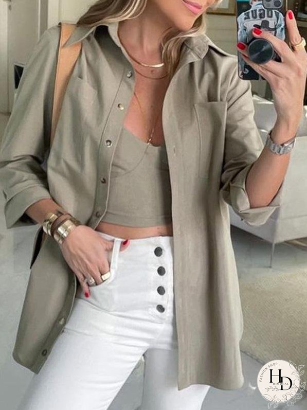 Blouses Fashion Solid Lapel Long Sleeve Blouses for Women