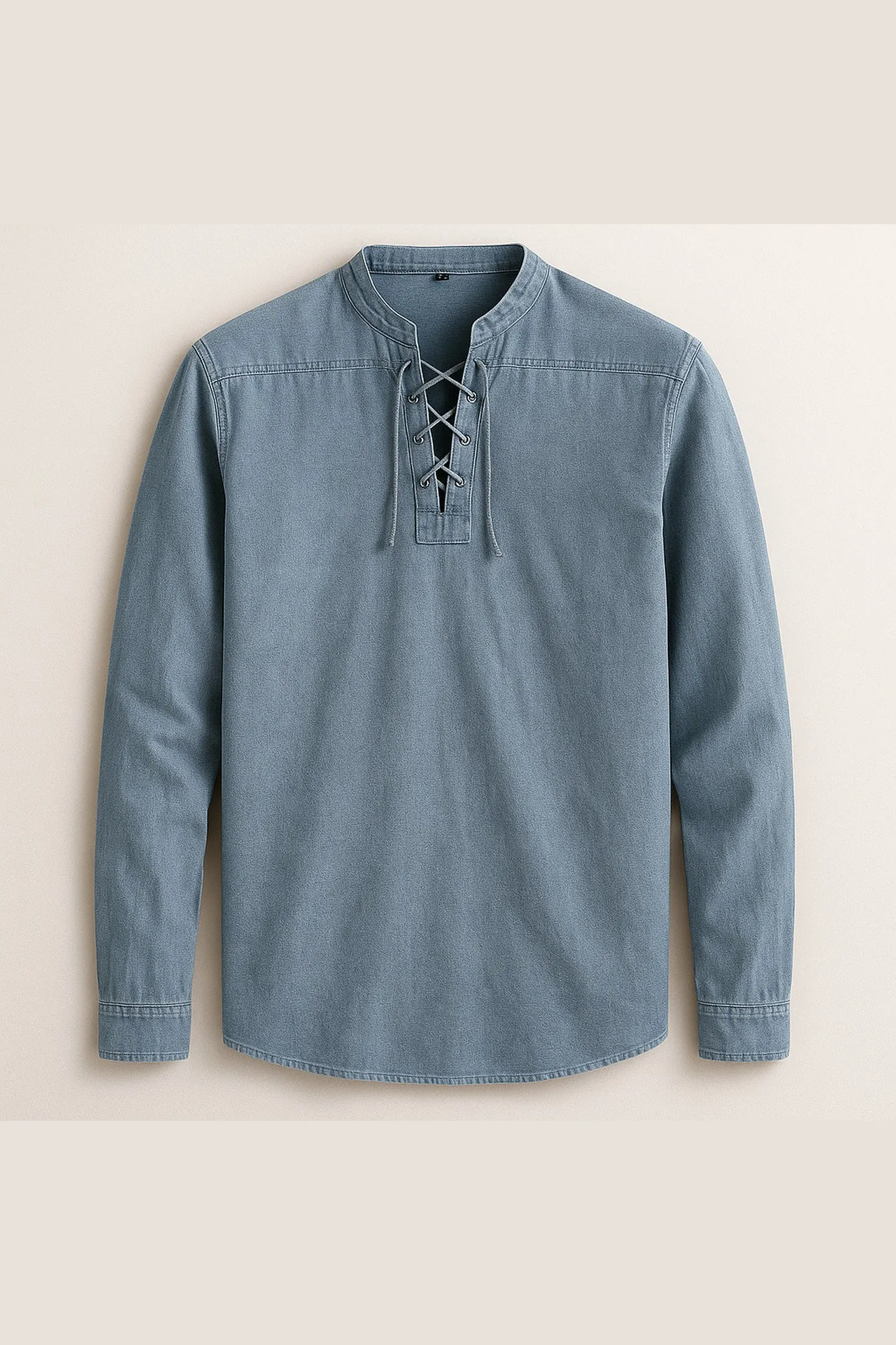 Men's Linen Cotton Lace-Up Shirt &ndash; Band Collar Relaxed Fit