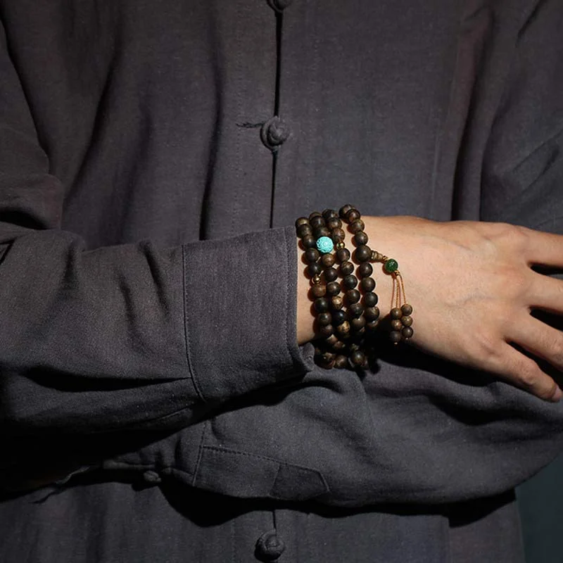 108 Mala Beads Agarwood Turquoise Prayer Meditation Necklace Bracelet Mala