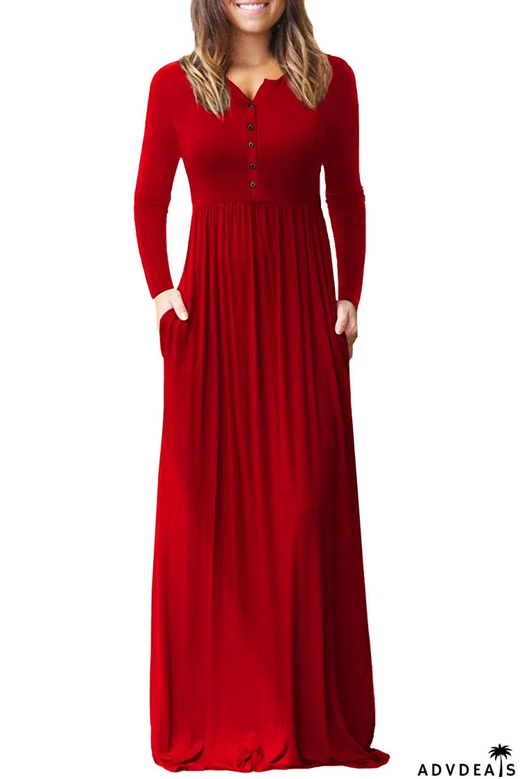 Long Sleeve Button Casual Maxi Dress