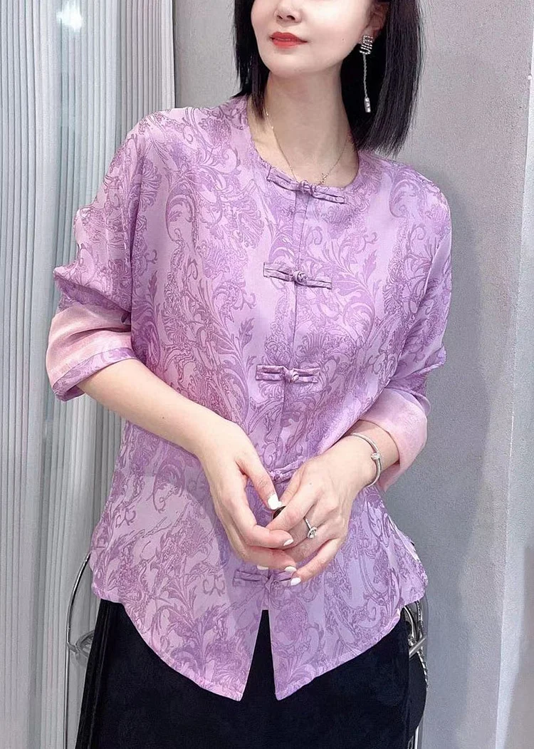 New Purple Button Print Silk Cotton Shirts Long Sleeve