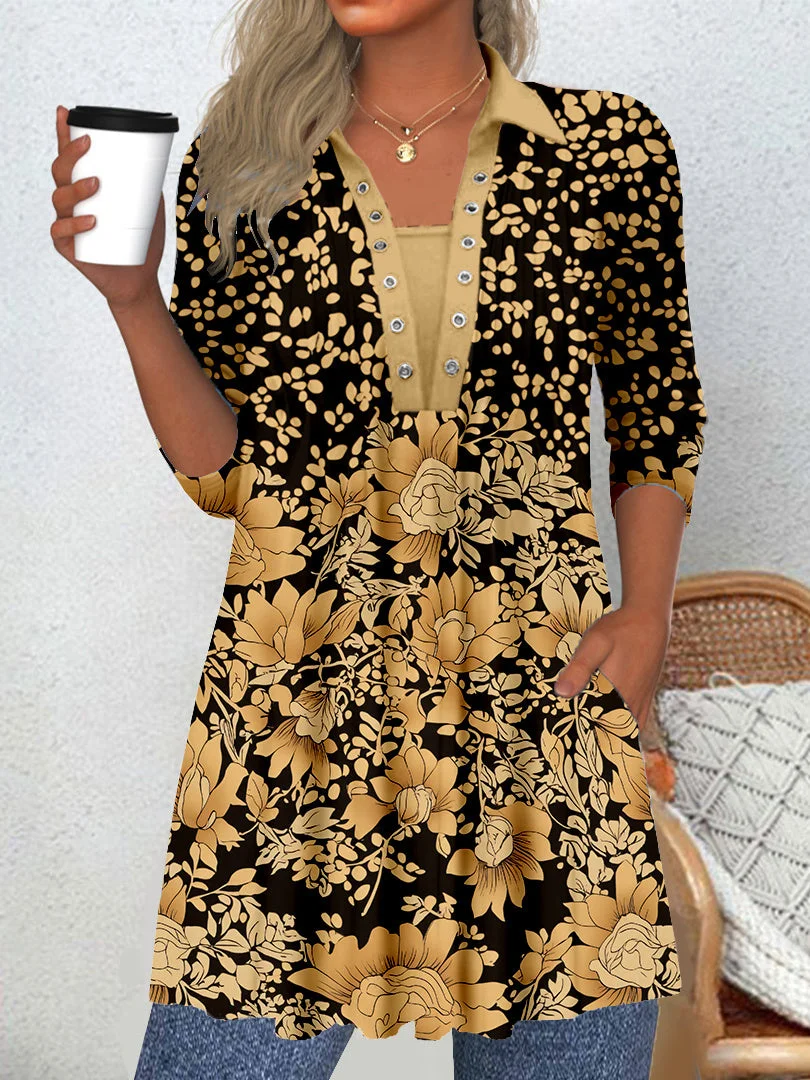 (PRE ORDER)Women Long Sleeve Scoop Neck Floral Printed Graphic Button Tops