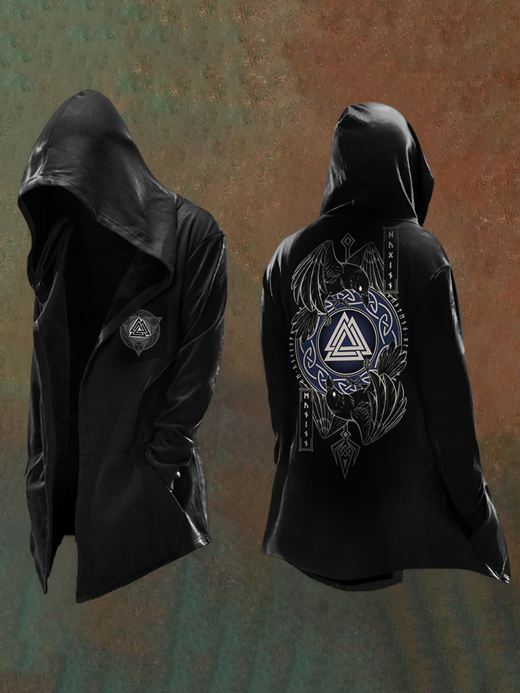 Men's Nordic Mythology Vikings Printed Raven Huginn and Muninn Totem Vintage Hooded Jacket / Rvogue / Rvogue
