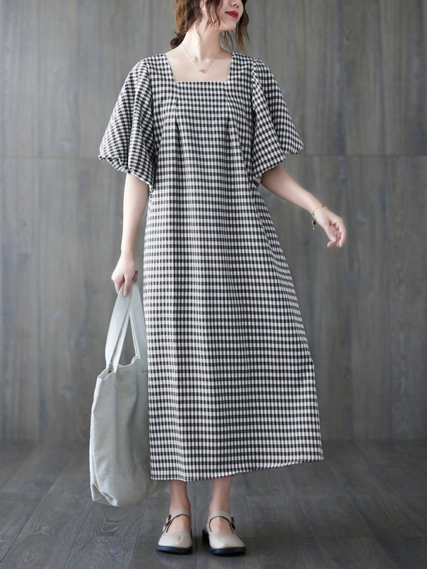 Loose Casual Bubble Sleeve Squared Neck Plaid Dress