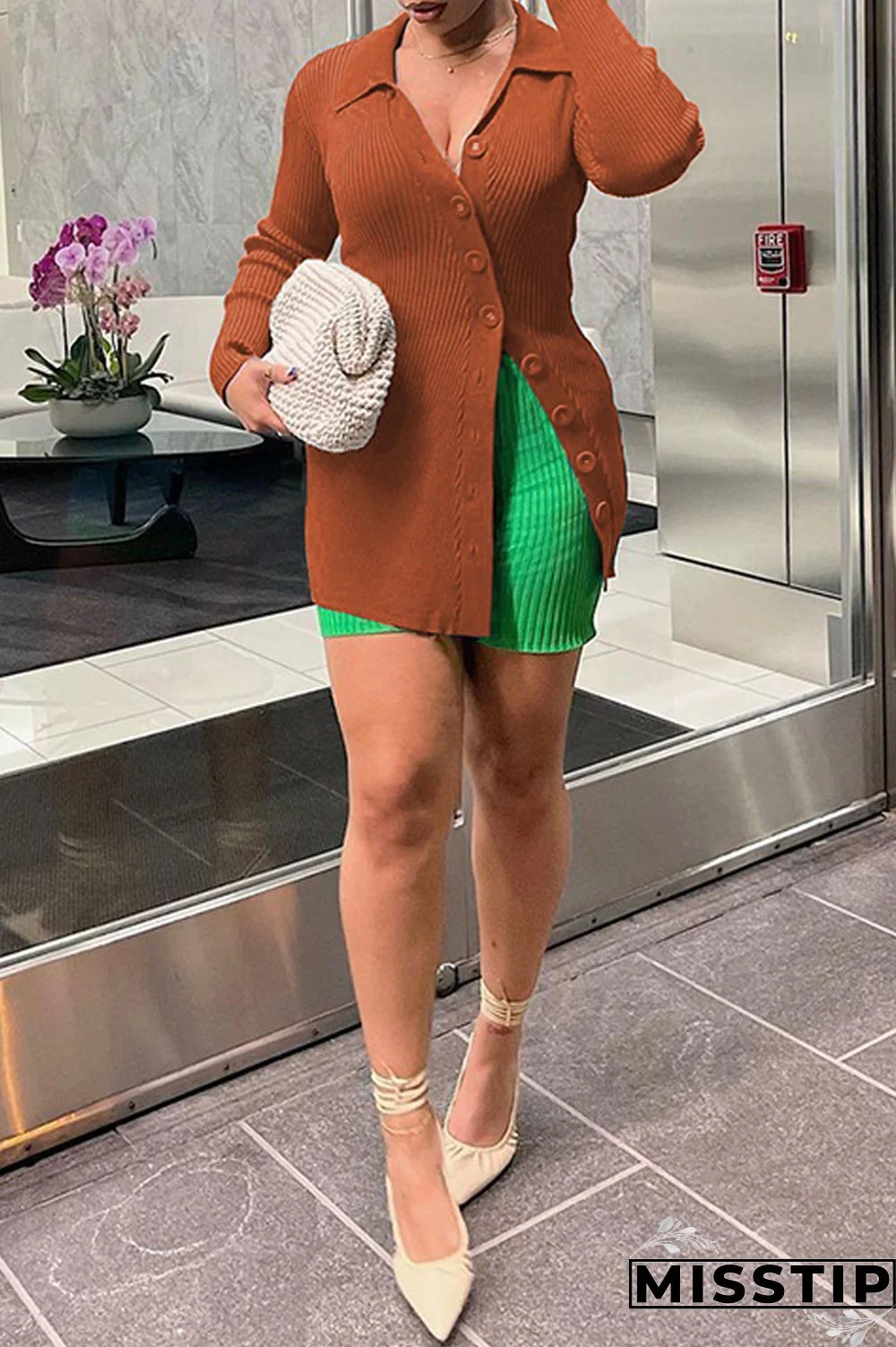 Earth Yellow Casual Solid Patchwork Buttons Turndown Collar Tops