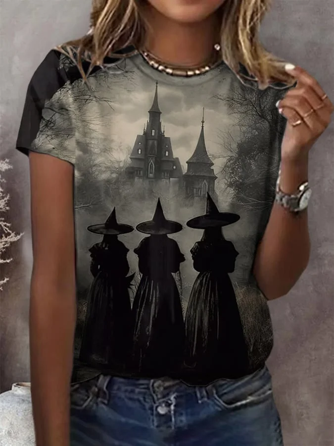 Women's Witch Print Short Sleeve Crew Neck T-Shirt